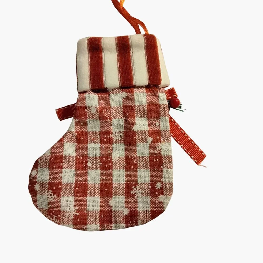 Red White Gingham Christmas Stocking Gift Bag Ornament Ribbon Berry Snowflake